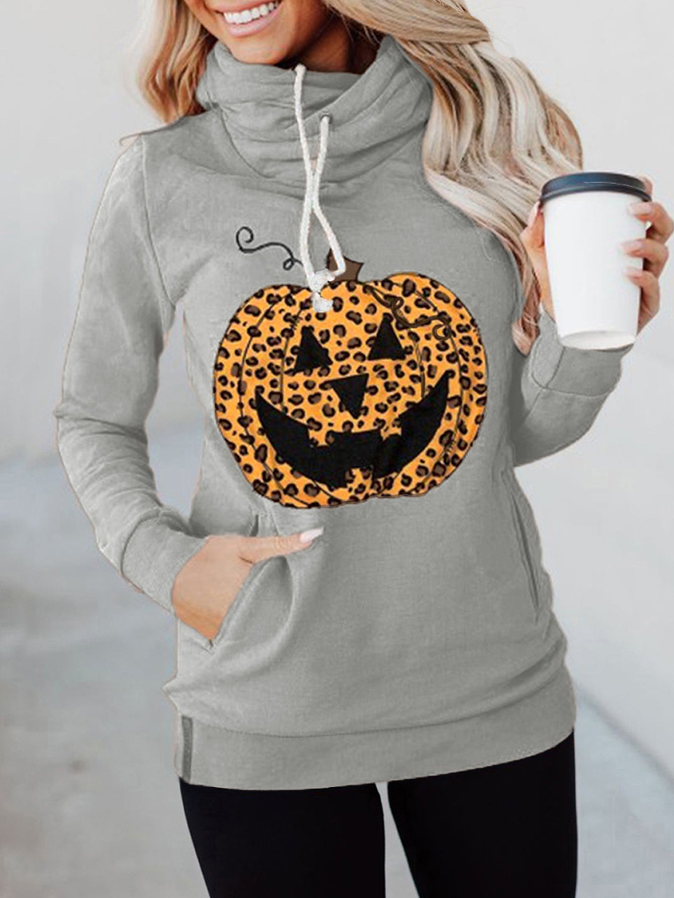 Halloween Pumpkin Print Kangaroo Pocket Long Sleeve Cowl Neck Drawstring Hoodie Sai Feel