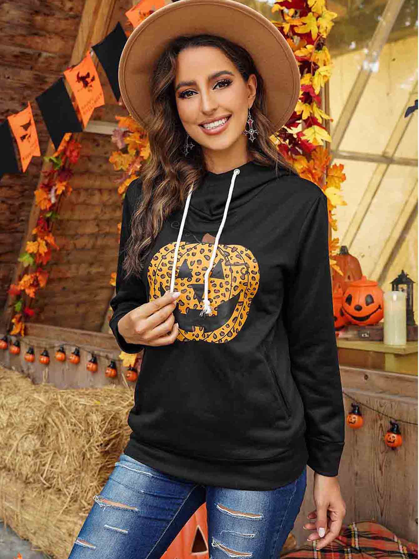 Halloween Pumpkin Print Kangaroo Pocket Long Sleeve Cowl Neck Drawstring Hoodie Sai Feel