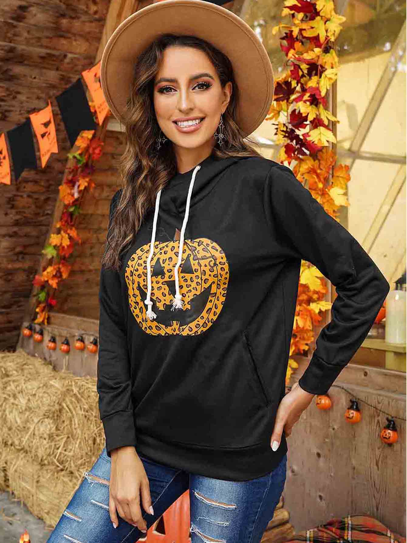 Halloween Pumpkin Print Kangaroo Pocket Long Sleeve Cowl Neck Drawstring Hoodie Sai Feel