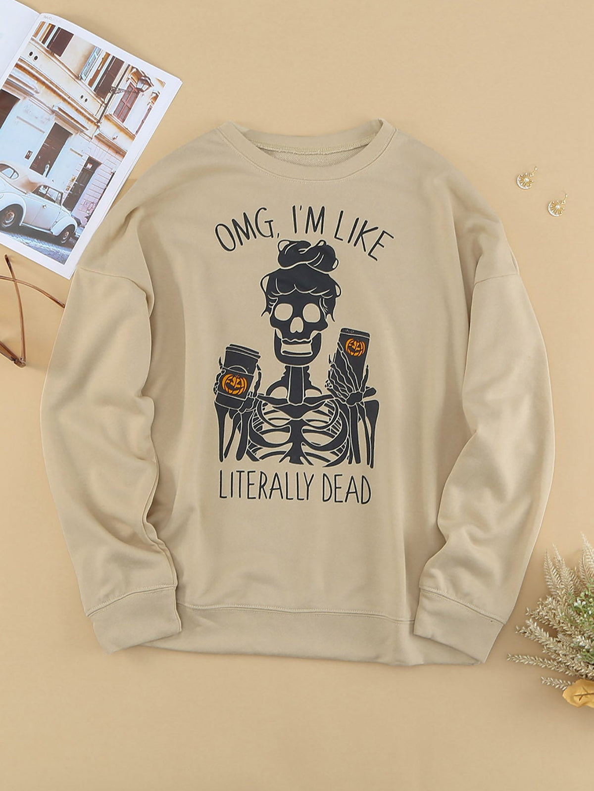 Halloween Skeleton Letter Print Crew Neck Pullover Sweatshirt Sai Feel