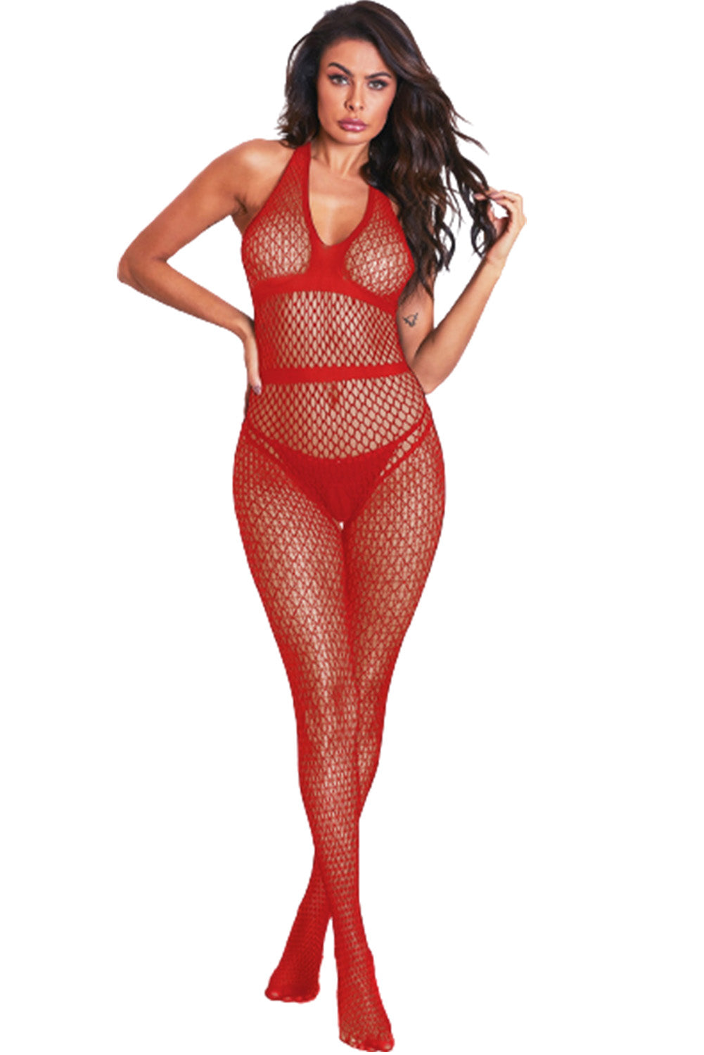Halter Neck Open Back Netted Contrast Halter Crotchless Bodystocking Sai Feel