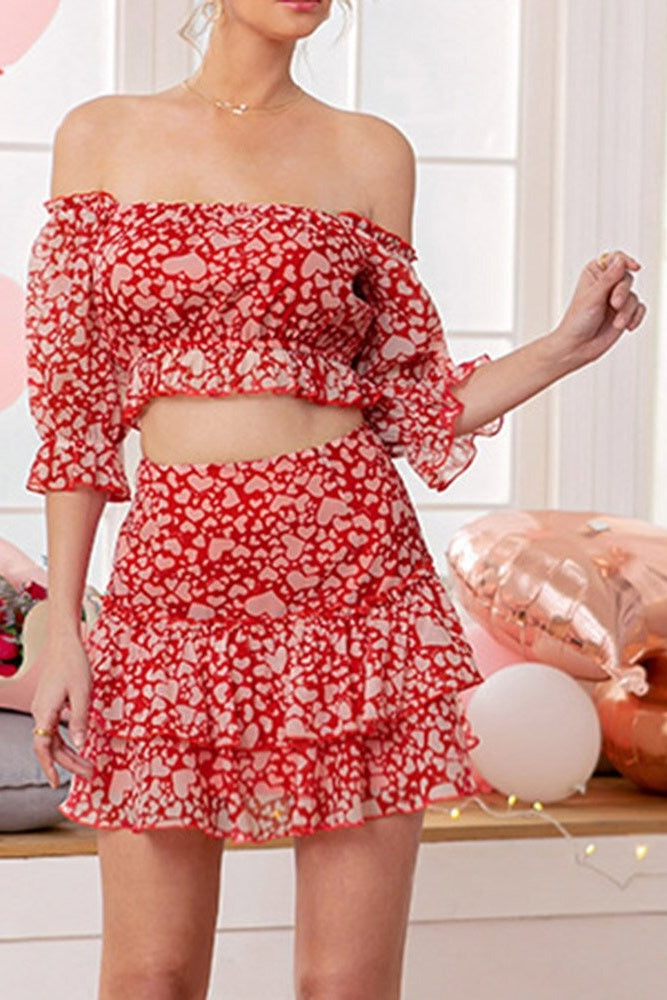 Heart Print Off-Shoulder Top & Skirt Coord Two-Piece Set Sai Feel