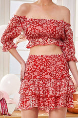 Heart Print Off-Shoulder Top & Skirt Coord Two-Piece Set Sai Feel