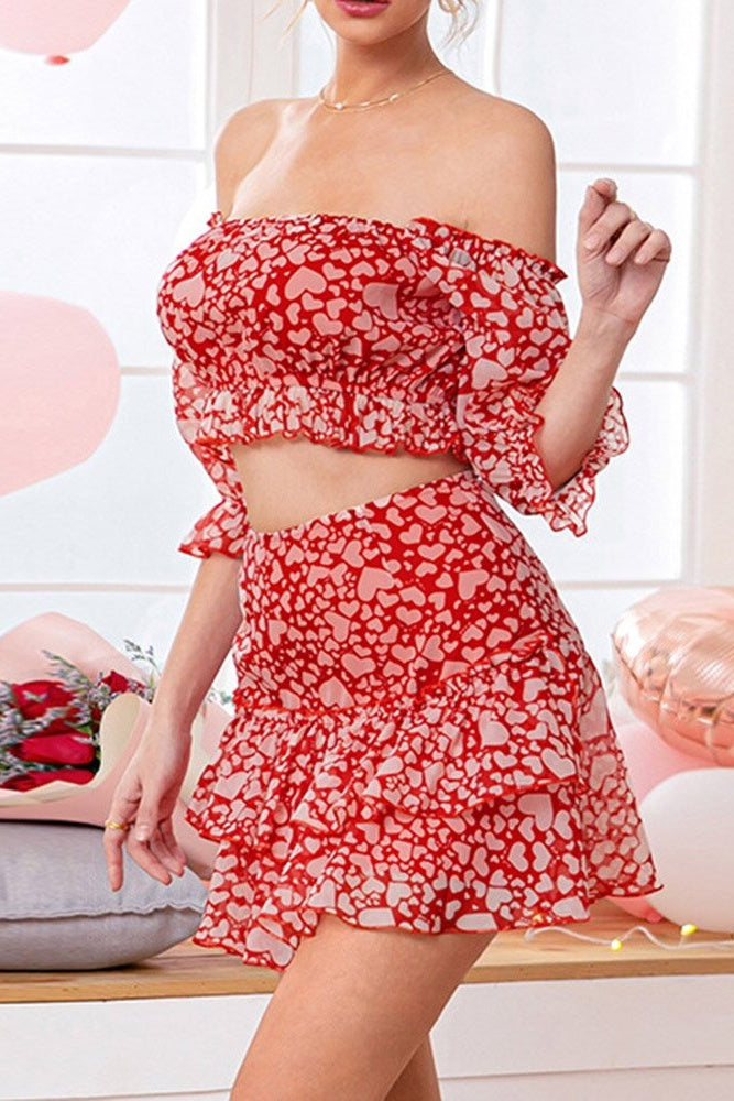 Heart Print Off-Shoulder Top & Skirt Coord Two-Piece Set Sai Feel