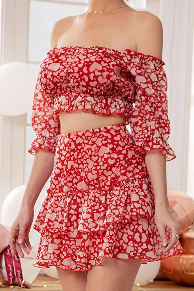 Heart Print Off-Shoulder Top & Skirt Coord Two-Piece Set Sai Feel