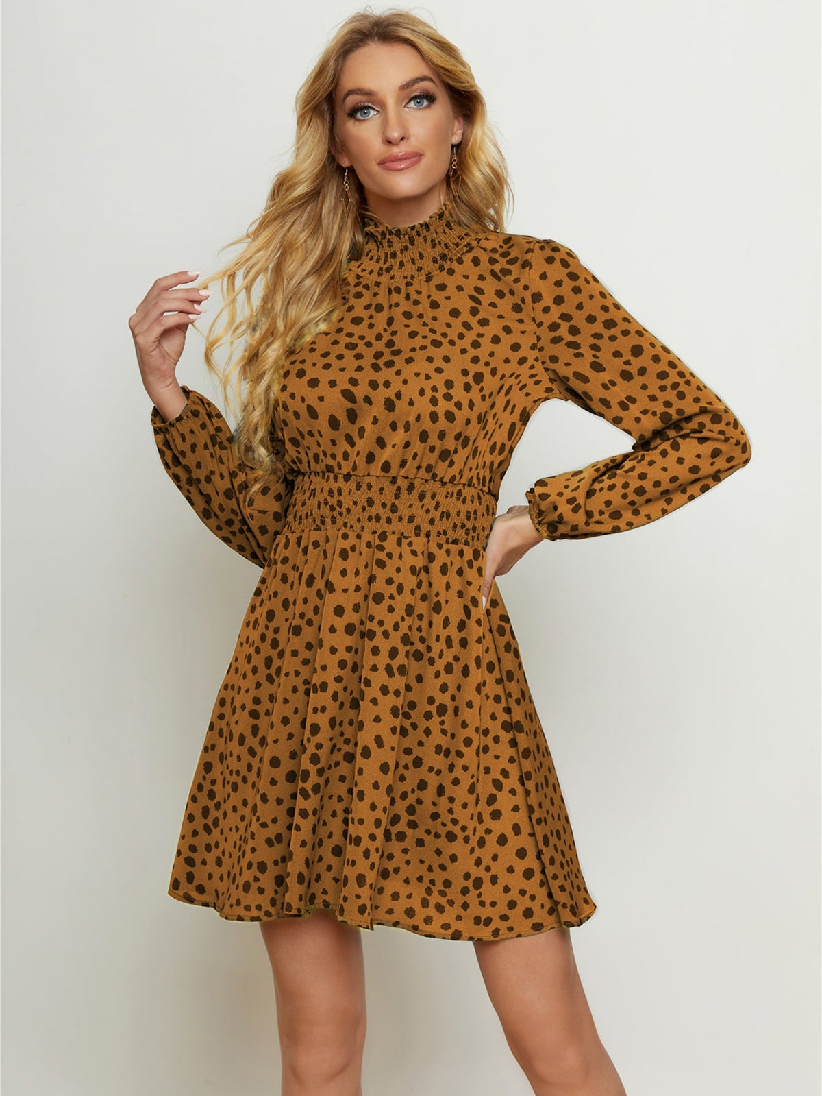 High Neck Elastic Waist Dot Print Long Sleeve Dress Sai Feel