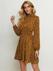 High Neck Elastic Waist Dot Print Long Sleeve Dress Sai Feel