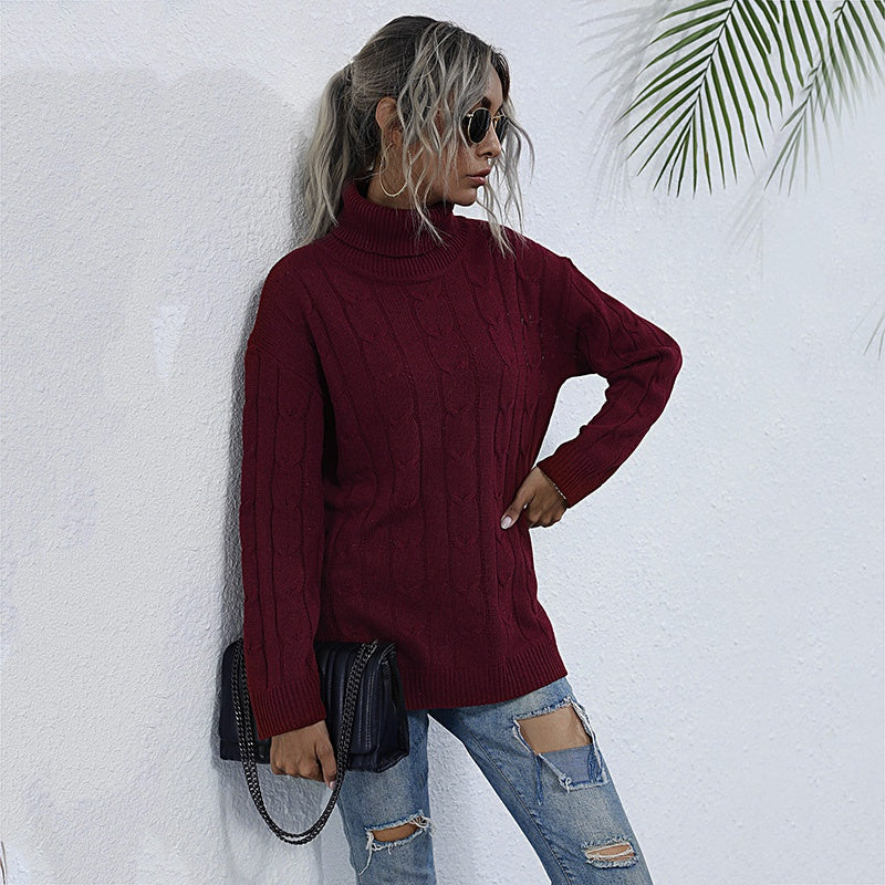 High Neck Long Sleeve Knitted Sweater Women Solid Thicken Autumn Winter Sweater Knitted Pullover Sai Feel