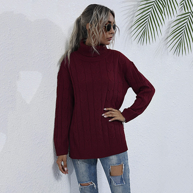 High Neck Long Sleeve Knitted Sweater Women Solid Thicken Autumn Winter Sweater Knitted Pullover Sai Feel