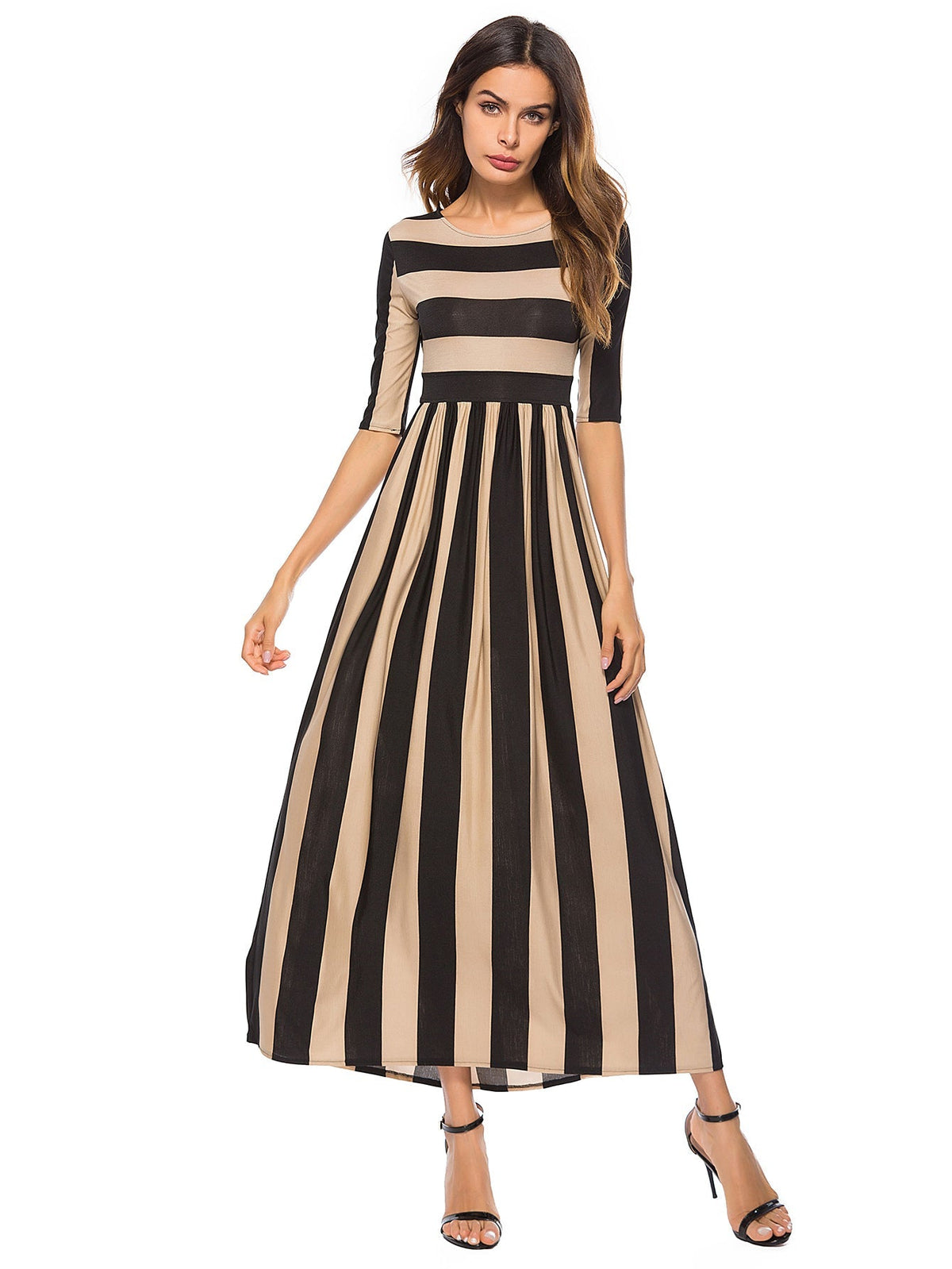 High Strech Striped Half Sleeve Flared Dress Sai Feel