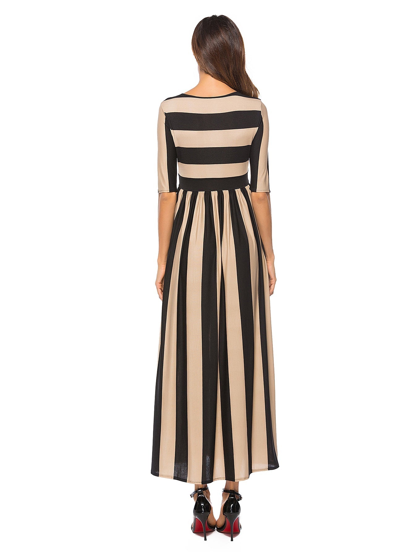 High Strech Striped Half Sleeve Flared Dress Sai Feel