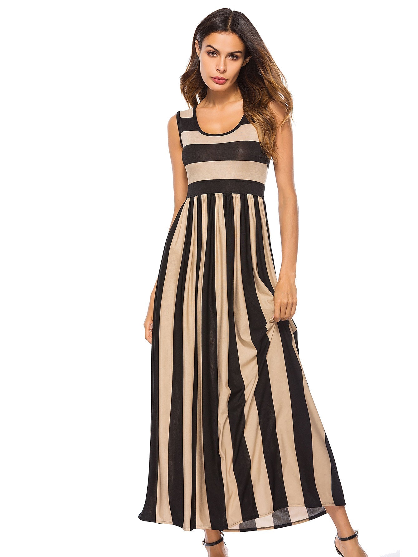 High Strech Striped Sleeveless Flared Dress Sai Feel