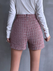 High Waist Button Detail Zip Back Gingham Tweed Shorts Sai Feel