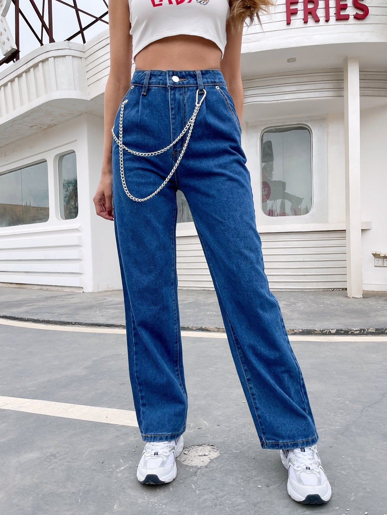 High Waist Chain Strap Straight Jeans Sai Feel