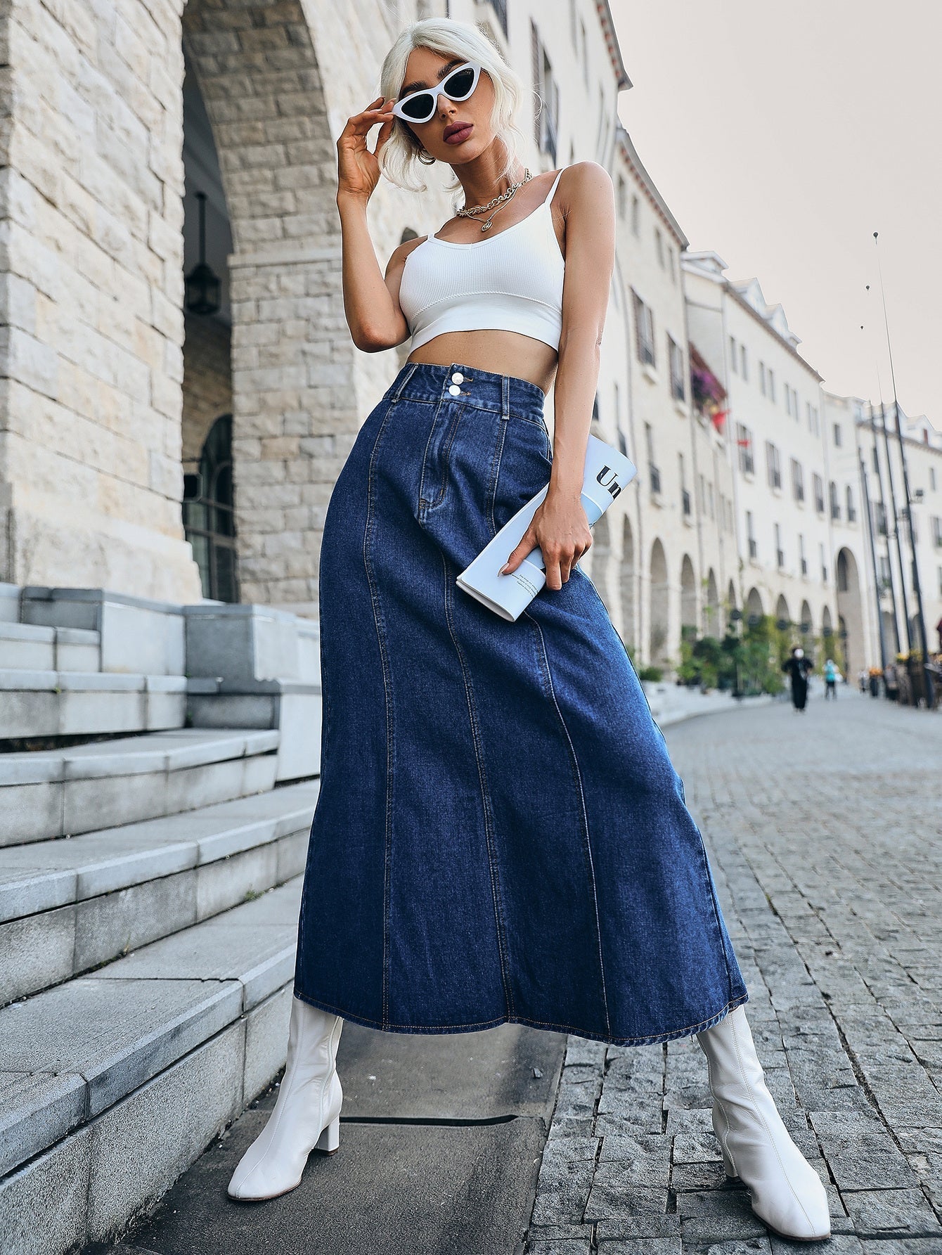 High Waist Flare Maxi Denim Skirt Sai Feel