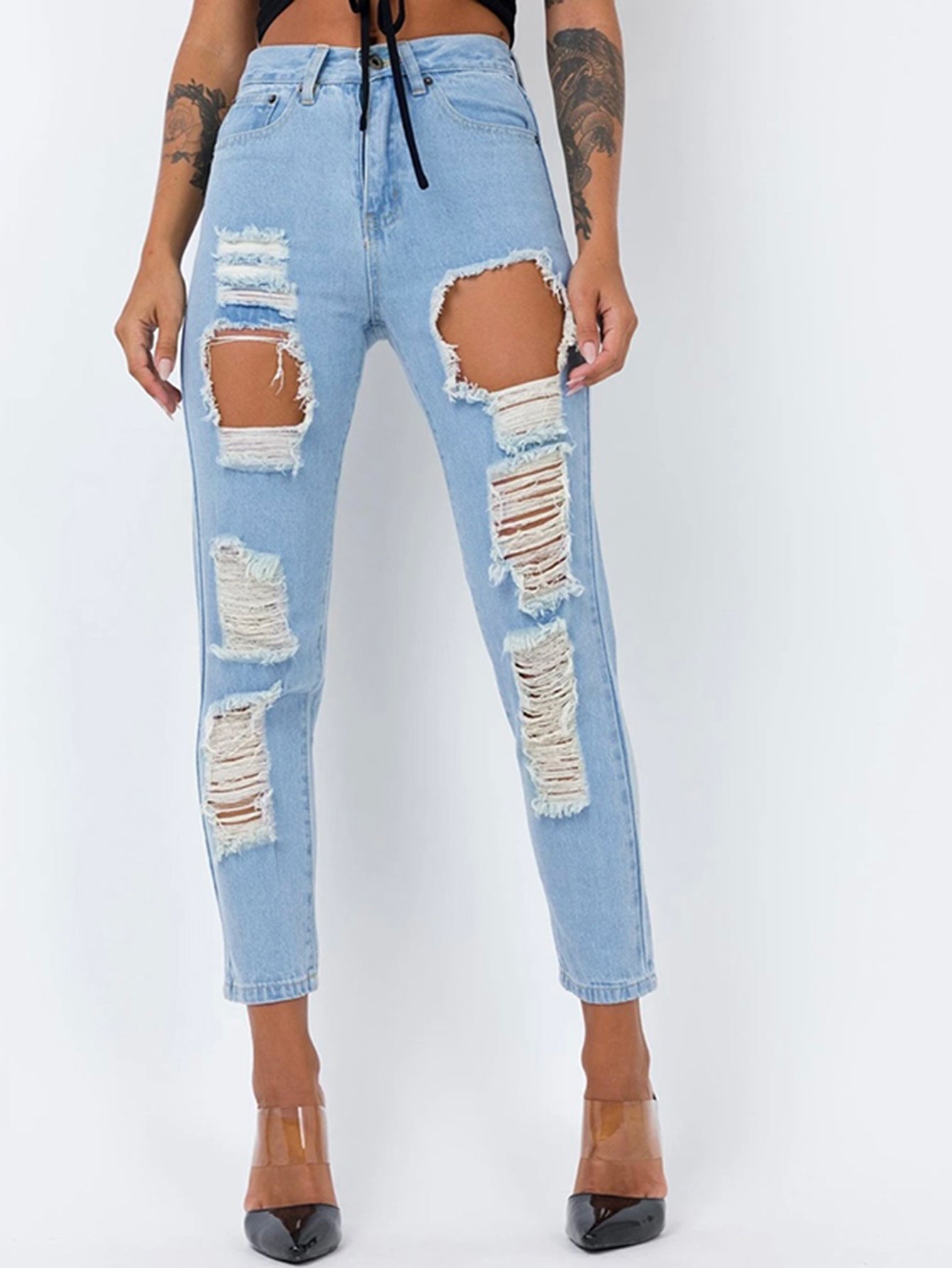 High Waist Ripped Cut Out Raw Hem Jeans Sai Feel