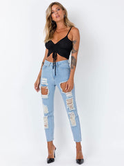 High Waist Ripped Cut Out Raw Hem Jeans Sai Feel