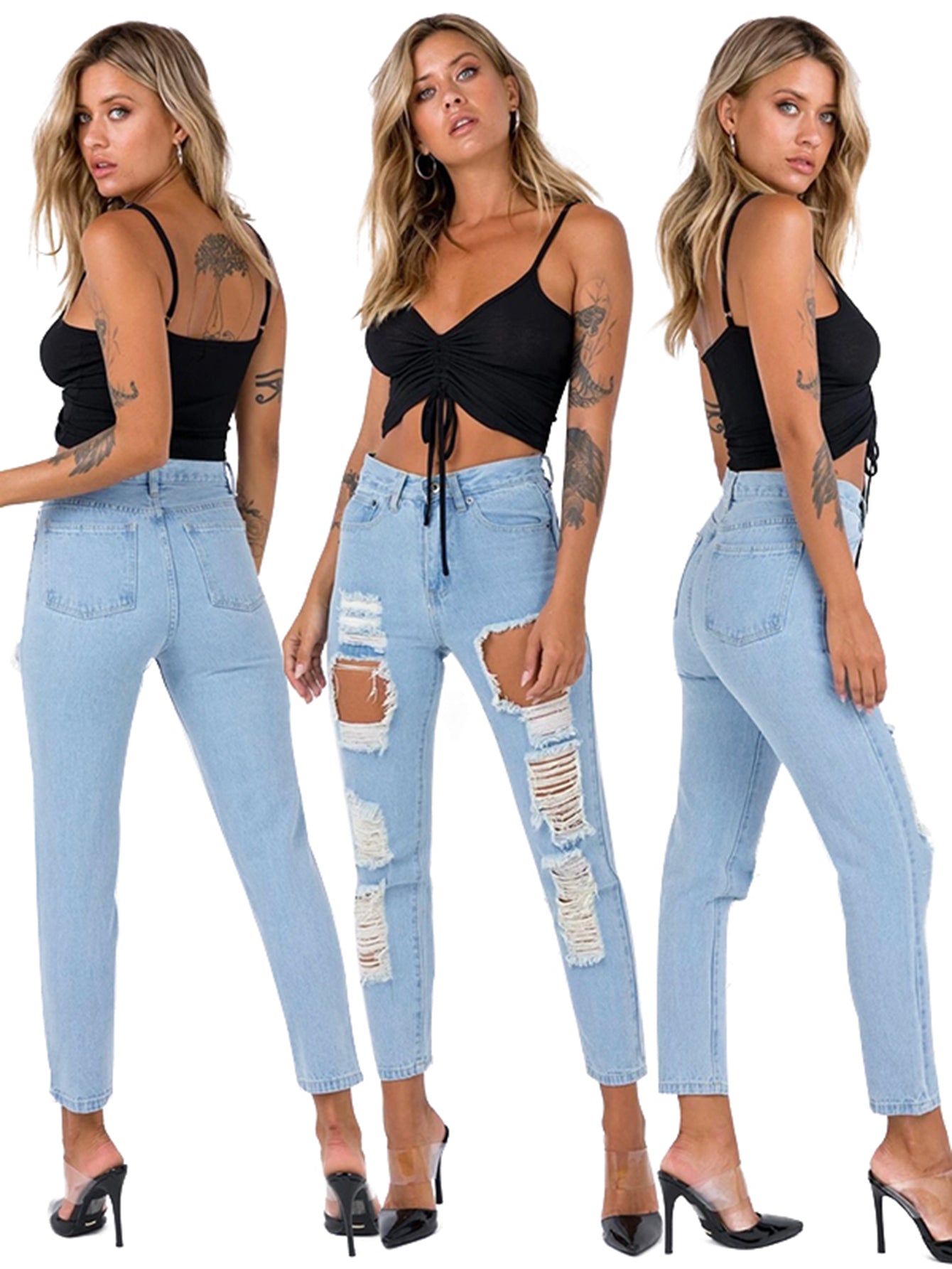 High Waist Ripped Cut Out Raw Hem Jeans Sai Feel