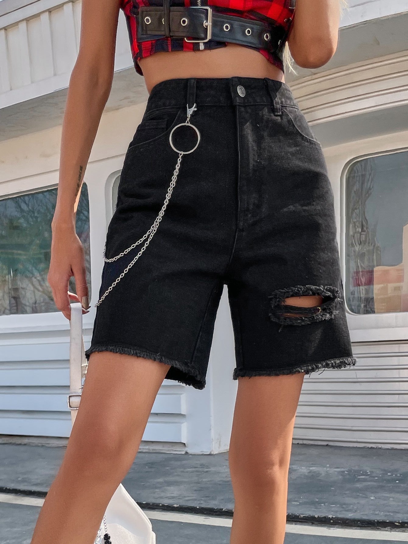 High Waist Ripped Raw Hem Denim Shorts with Chain Sai Feel