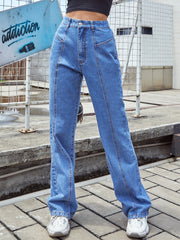 High Waist Seam Front Straight Leg Jeans Sai Feel