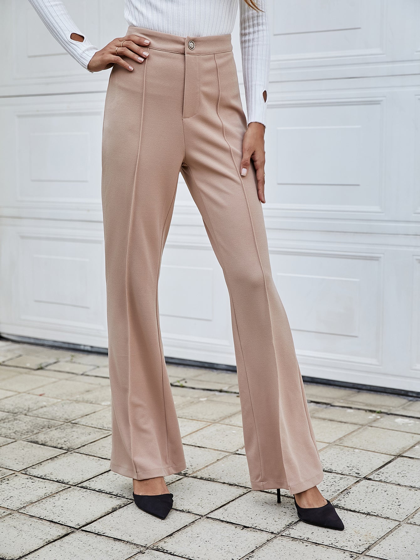 High Waist Solid Flare Leg Pants Sai Feel