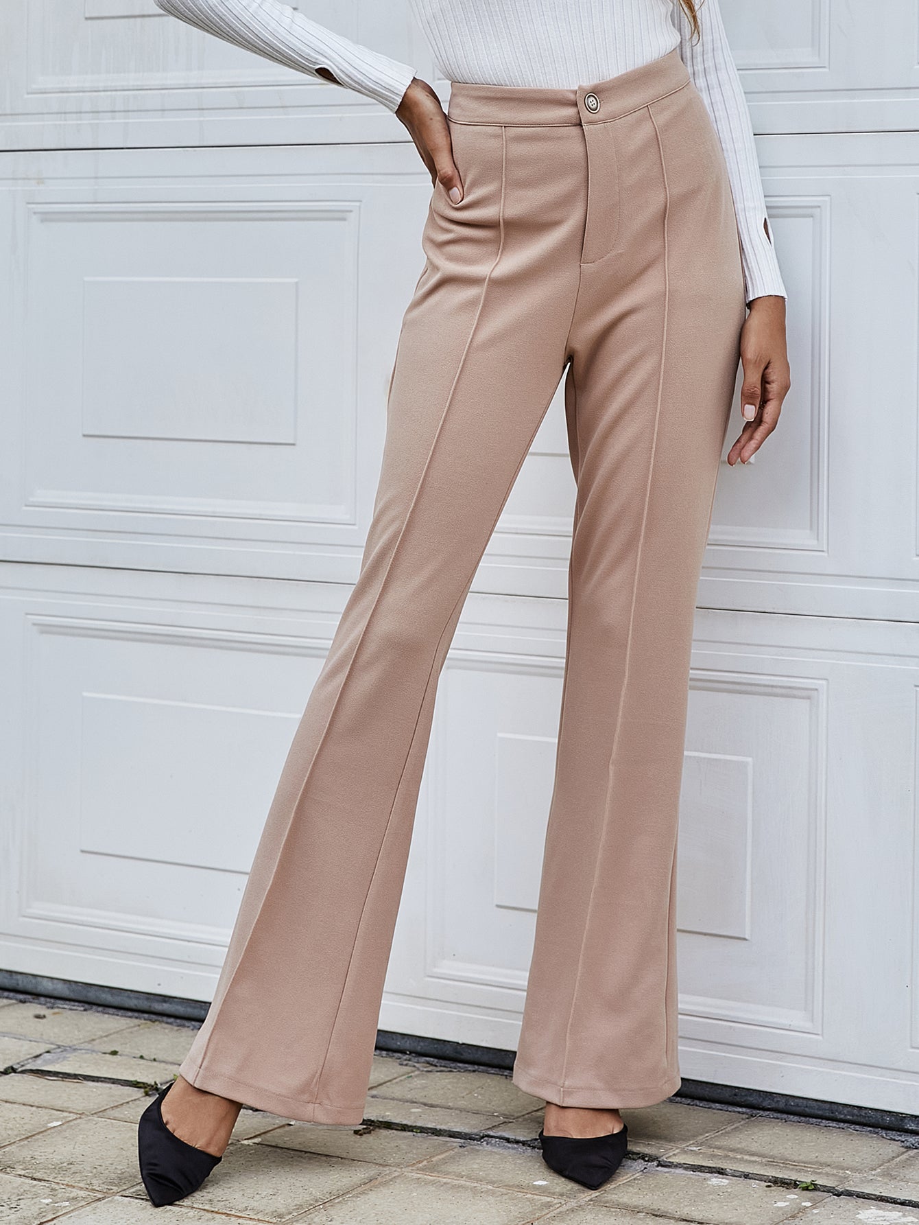 High Waist Solid Flare Leg Pants Sai Feel