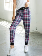 High Waisted Drawstring Plaid Joggers with Pockets Sai Feel