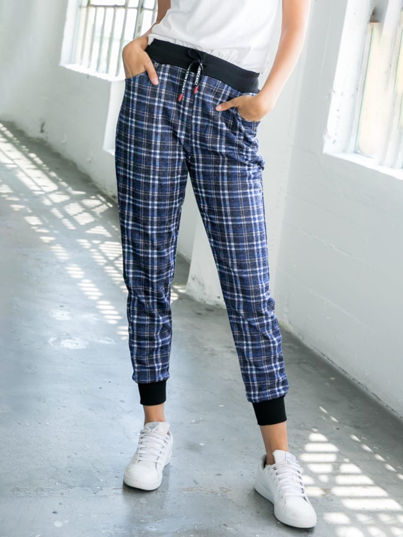 High Waisted Drawstring Plaid Joggers with Pockets Sai Feel