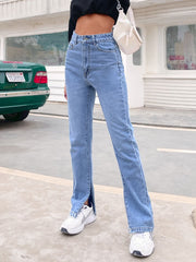 High-Waisted Slant Pocket Split Hem Vintage Straight Jeans Sai Feel