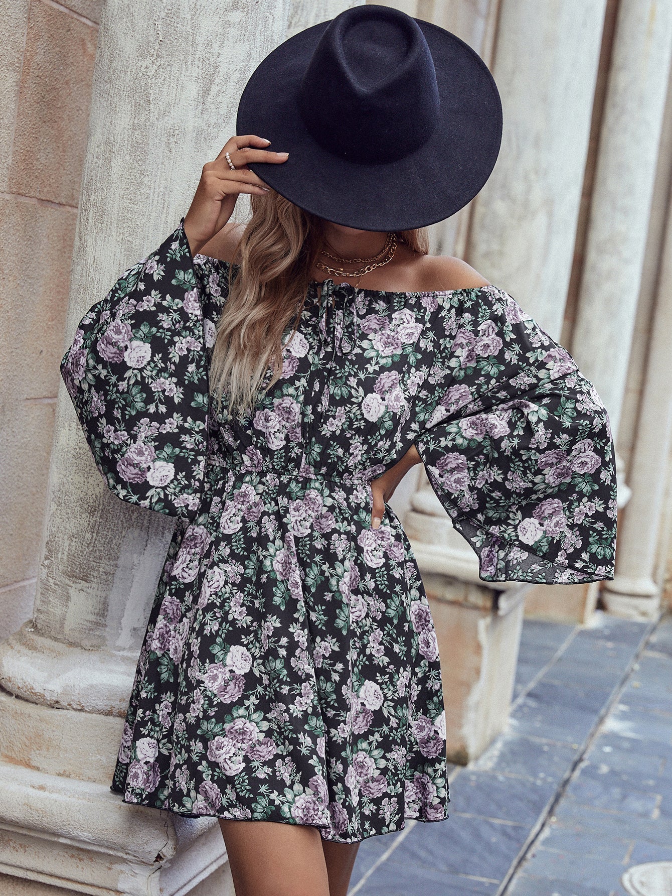 High-waisted flared sleeve printed long-sleeved off the shoulder dress Sai Feel