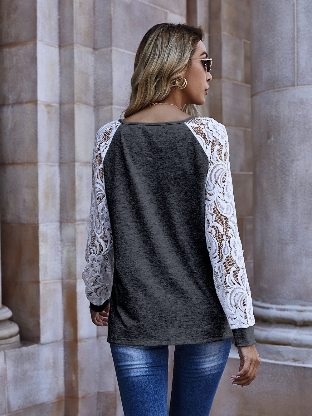 Hollow Lace Sleeves Round Neck Casual Top Sai Feel