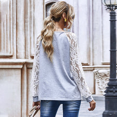 Hollow Lace Sleeves Round Neck Casual Top Sai Feel