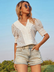 Hollow V-neck Polka-dot Short-sleeved Top Blouse Sai Feel