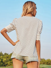 Hollow V-neck Polka-dot Short-sleeved Top Blouse Sai Feel