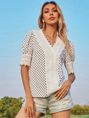 Hollow V-neck Polka-dot Short-sleeved Top Blouse Sai Feel