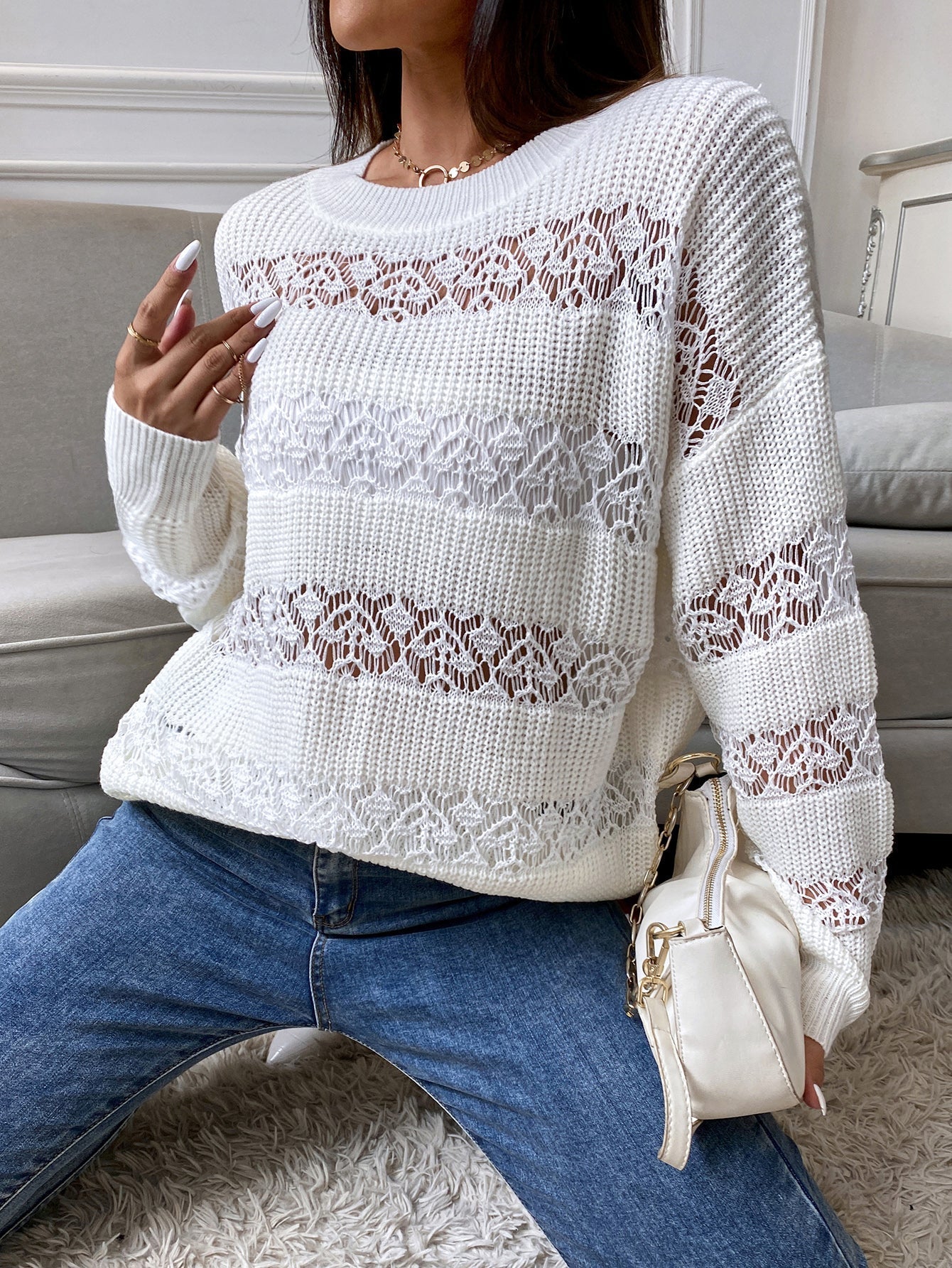 Hollow jacquard crew neck sweater Sai Feel