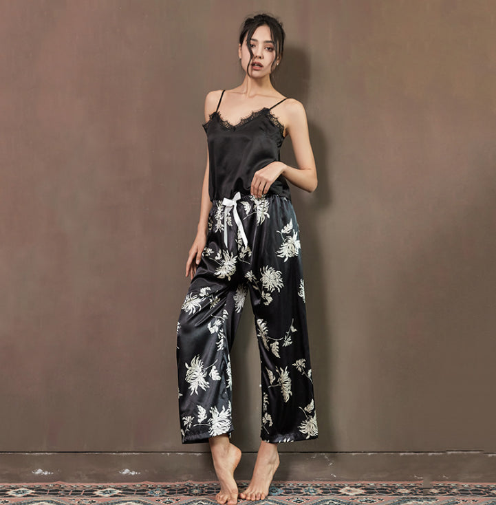 Home suit women's summer pants suspender two piece sexy loose pajamas can wear ice thin Sai Feel