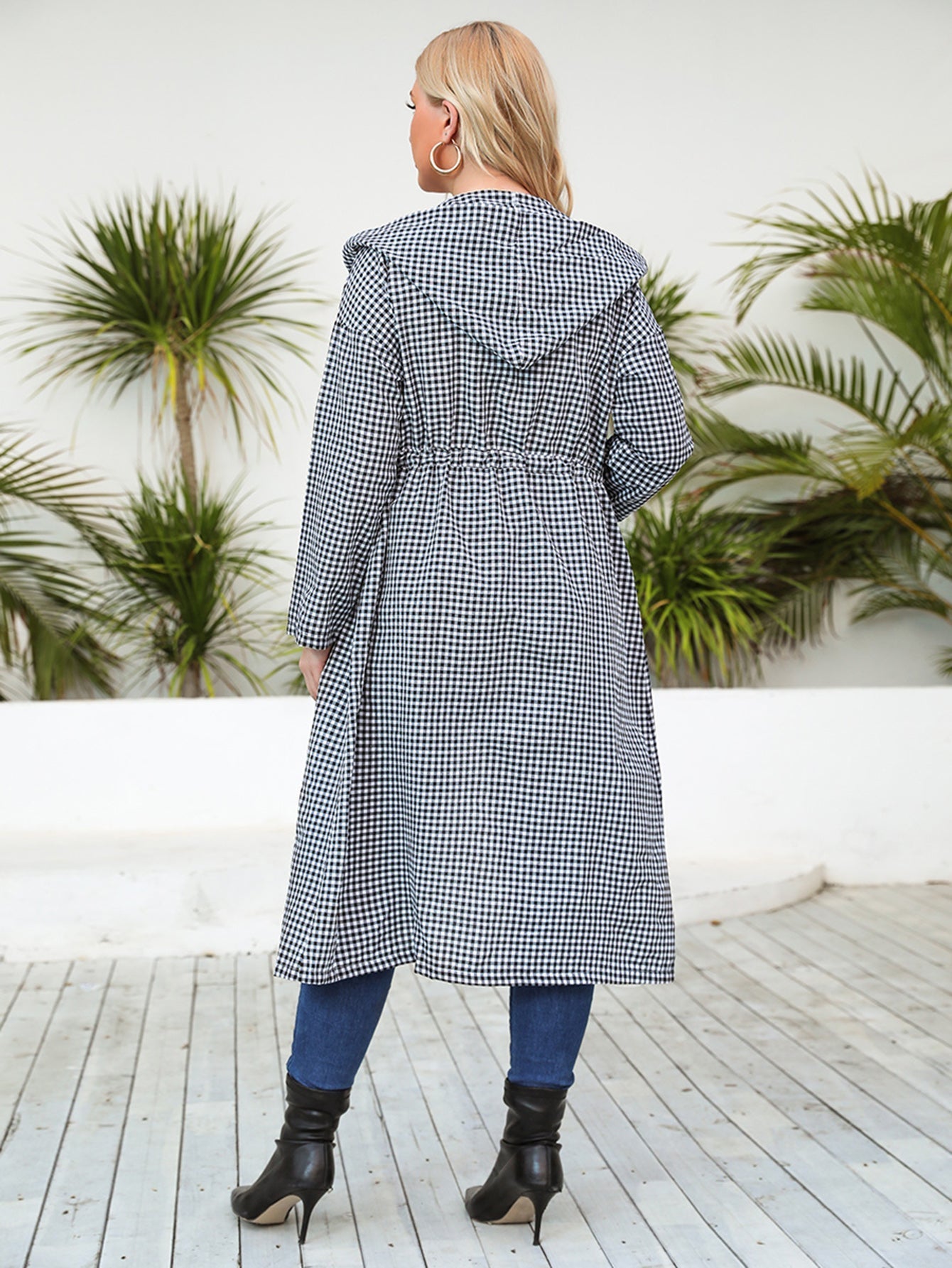 Hooded knee-length long-sleeved plaid coat Sai Feel