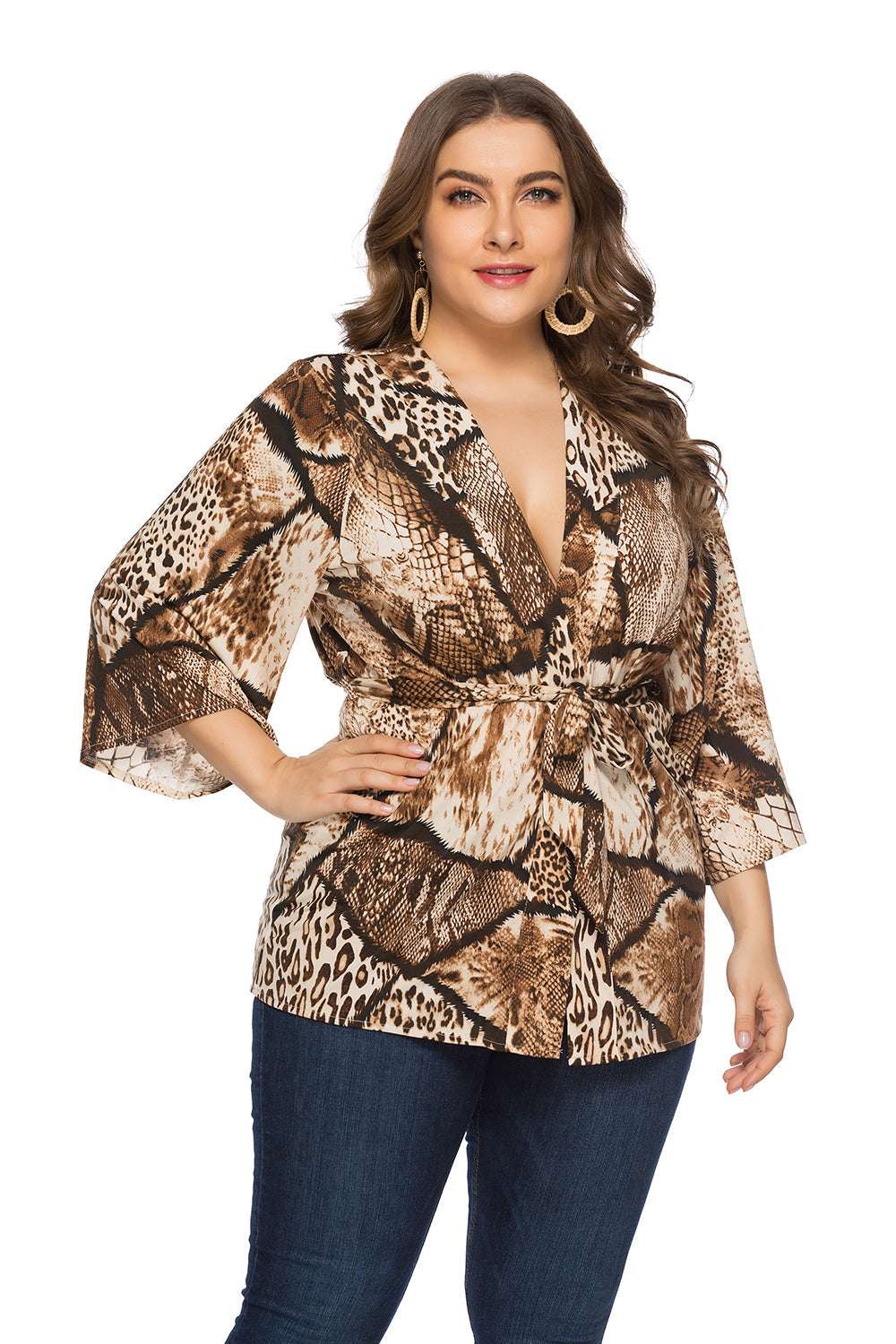 Hot sale Women's Fashion Plus Size Self Tie Animal Print Blouse Top Sai Feel