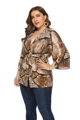 Hot sale Women's Fashion Plus Size Self Tie Animal Print Blouse Top Sai Feel