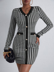 Houndstooth Button Up Bodycon Dress Sai Feel