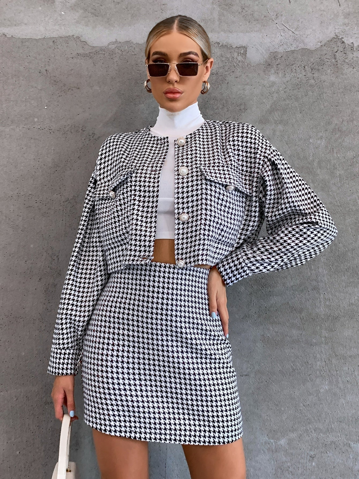 Houndstooth Drop Shoulder Crop Wool-Mix Coat & Skirt Sai Feel