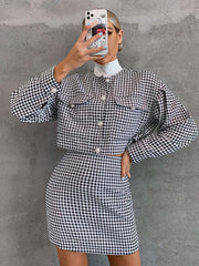 Houndstooth Drop Shoulder Crop Wool-Mix Coat & Skirt Sai Feel