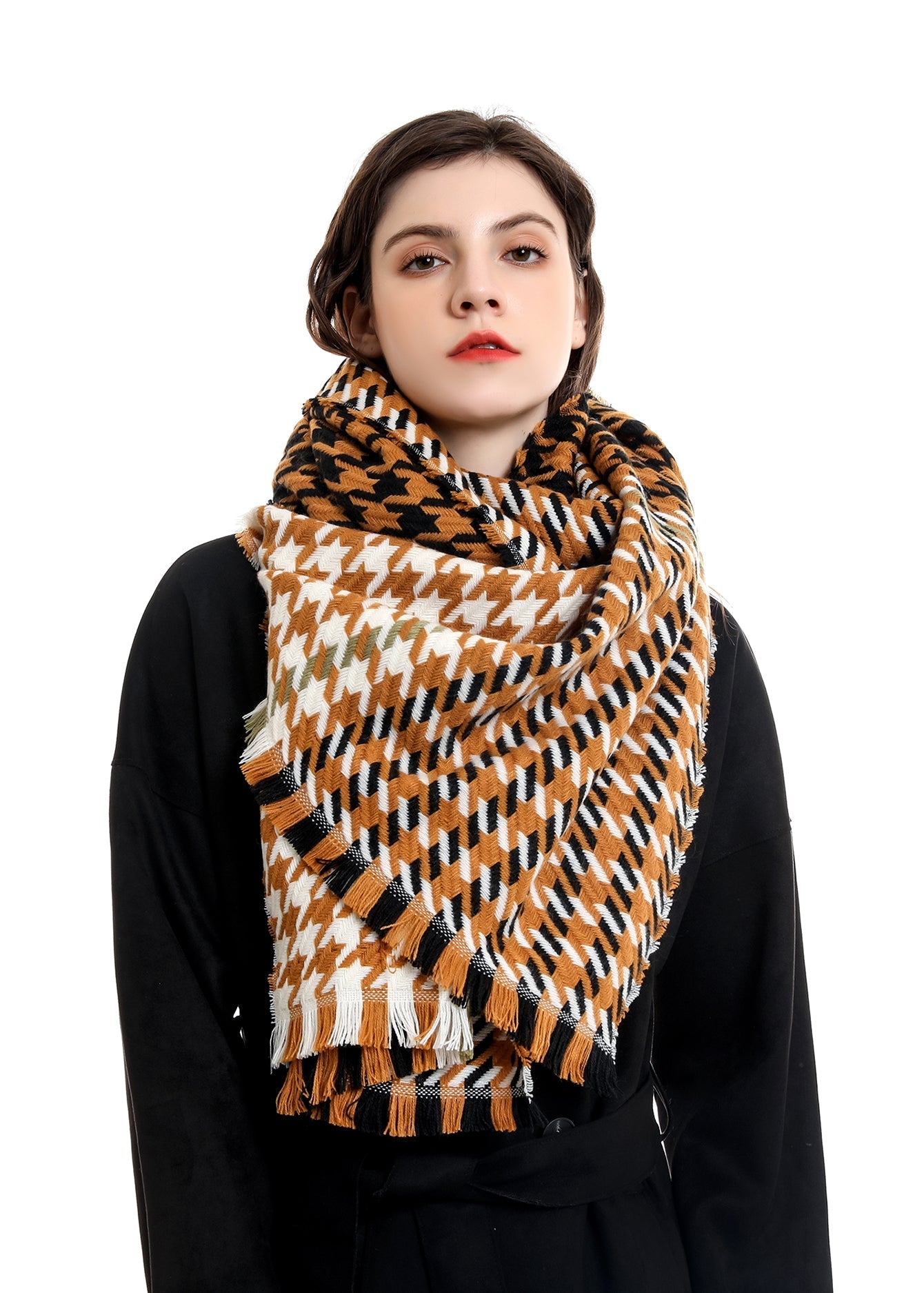 Houndstooth Fringe Scarf Sai Feel