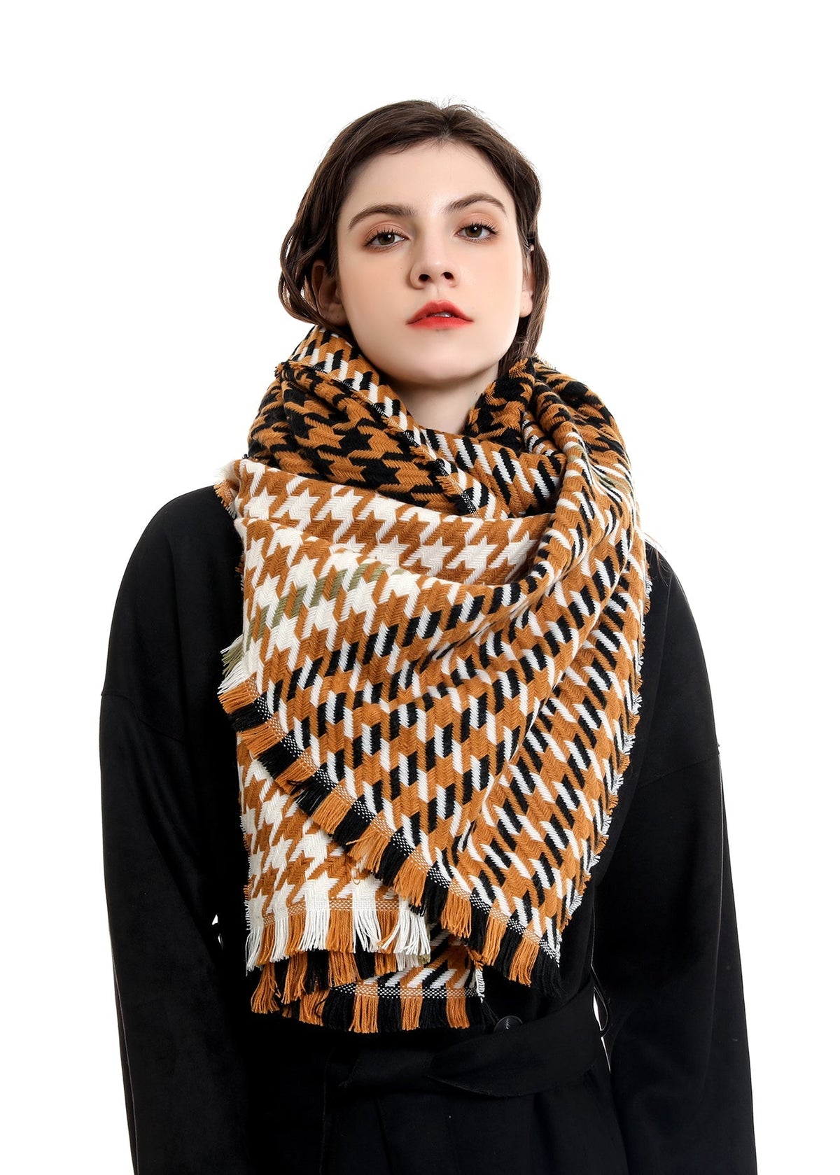 Houndstooth Fringe Scarf Sai Feel