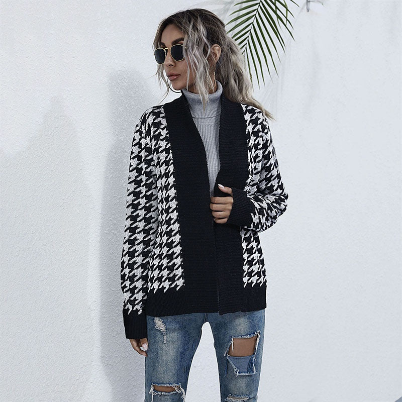 Houndstooth Long Sleeve Loose Knitted Cardigan Women V-neck Spring Autumn Coats Loose Outwear with Belt Sai Feel
