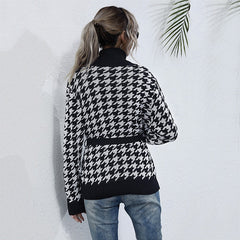 Houndstooth Long Sleeve Loose Knitted Cardigan Women V-neck Spring Autumn Coats Loose Outwear with Belt Sai Feel
