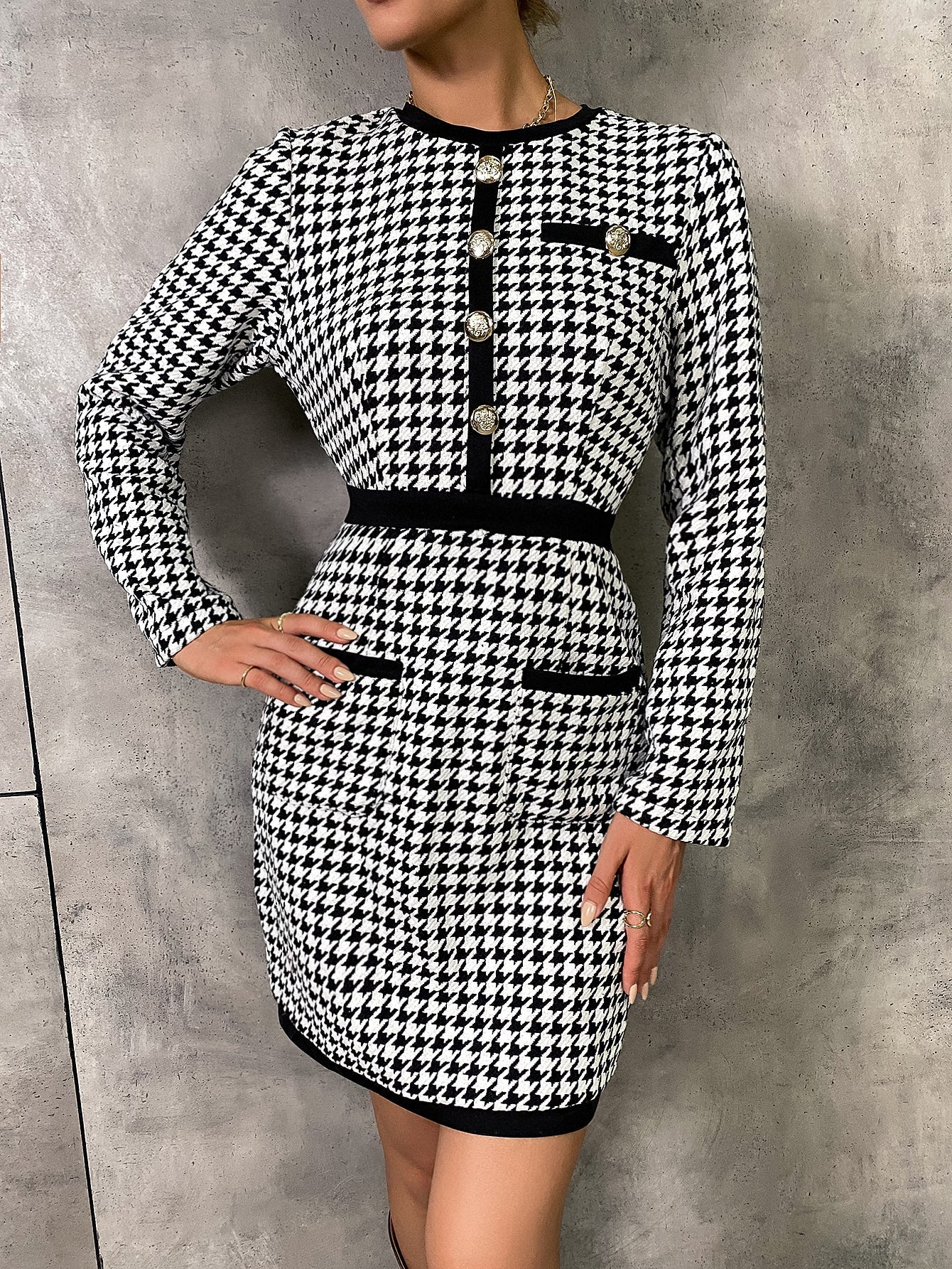 Houndstooth Print Button Detail Dress Sai Feel