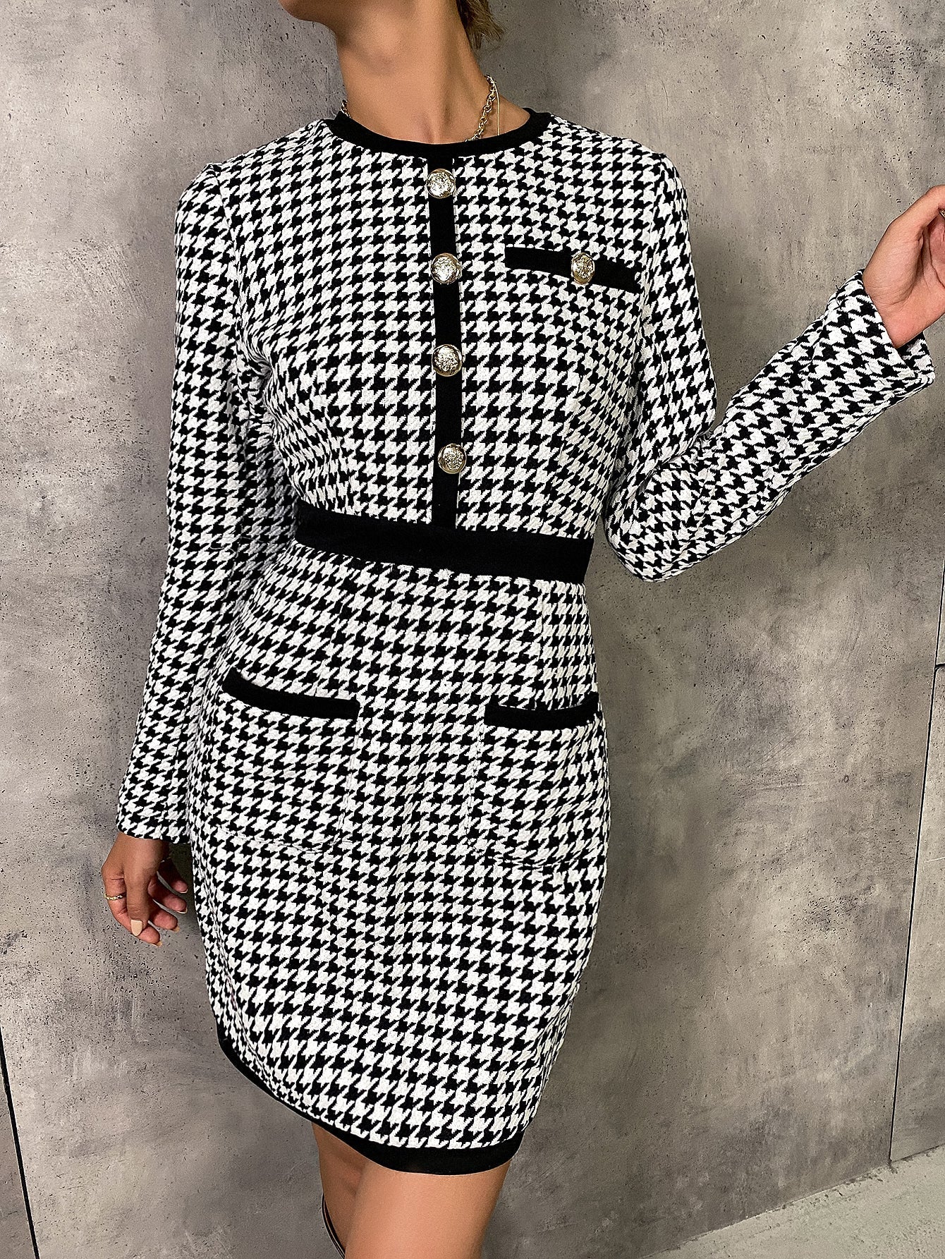 Houndstooth Print Button Detail Dress Sai Feel