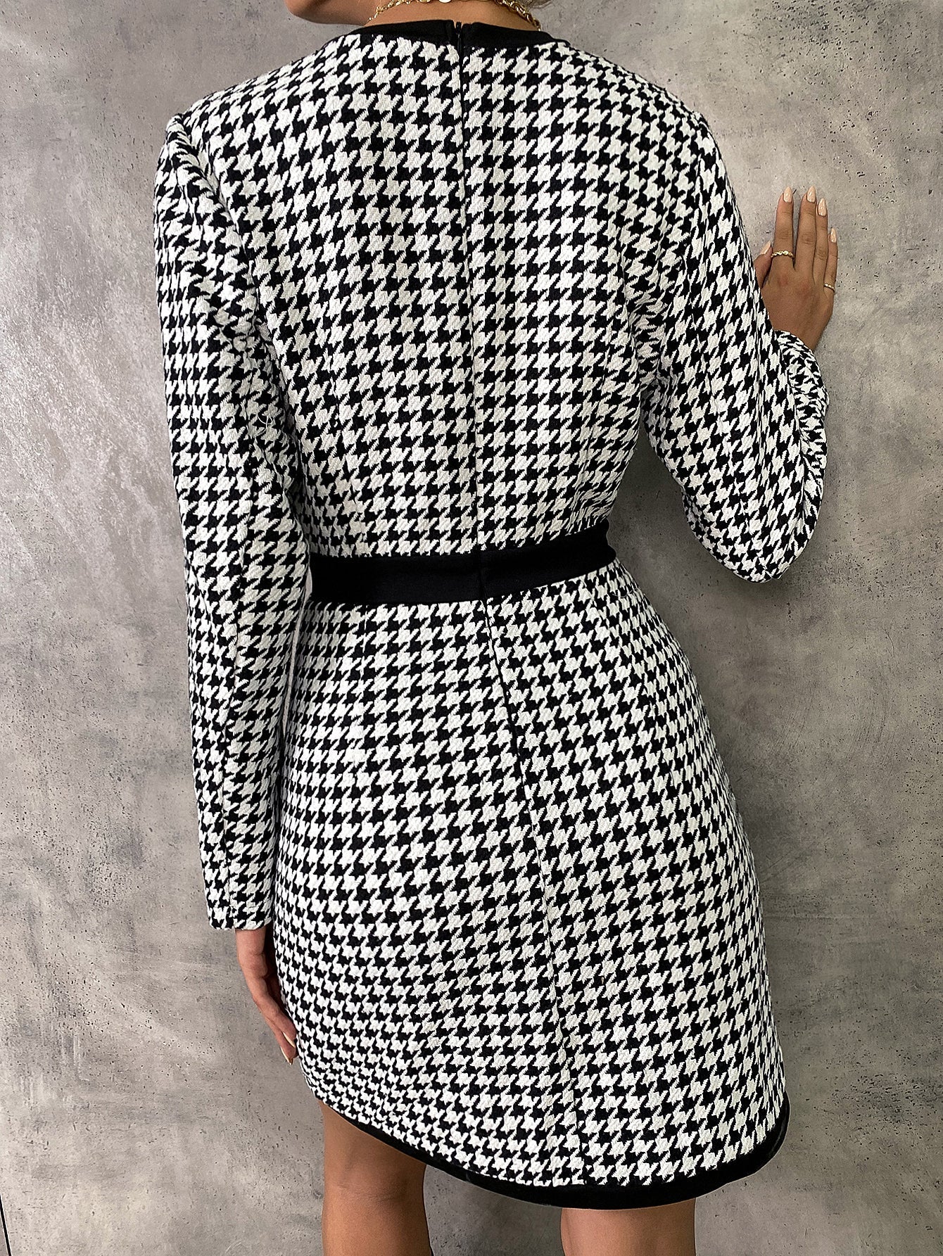 Houndstooth Print Button Detail Dress Sai Feel